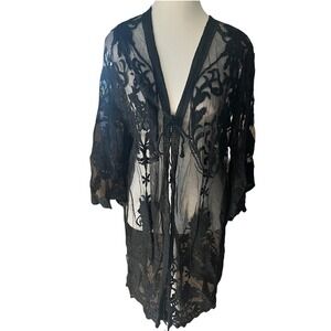 Black Sheer Floral Lace Duster Swim Coverup Tie Front Kimono Robe Longline Women